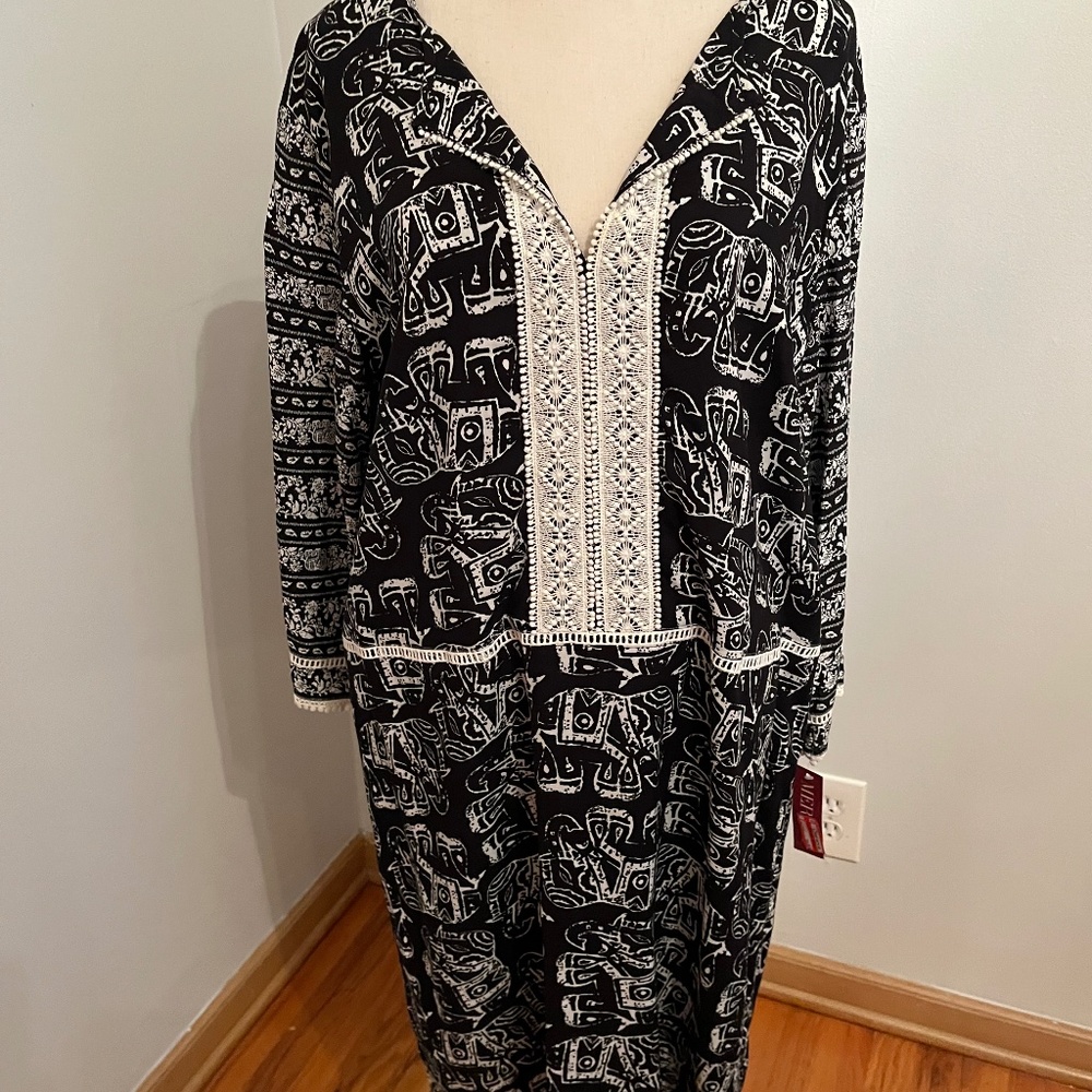 Merona Black & White Elephant Batik Print Long Sleeve Rayon Dress XL